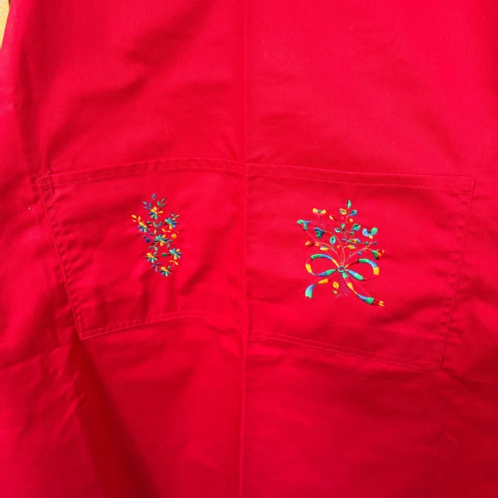 Dependability Bib Apron OS Red Floral Embroidered Pockets Twill‎ Workwear